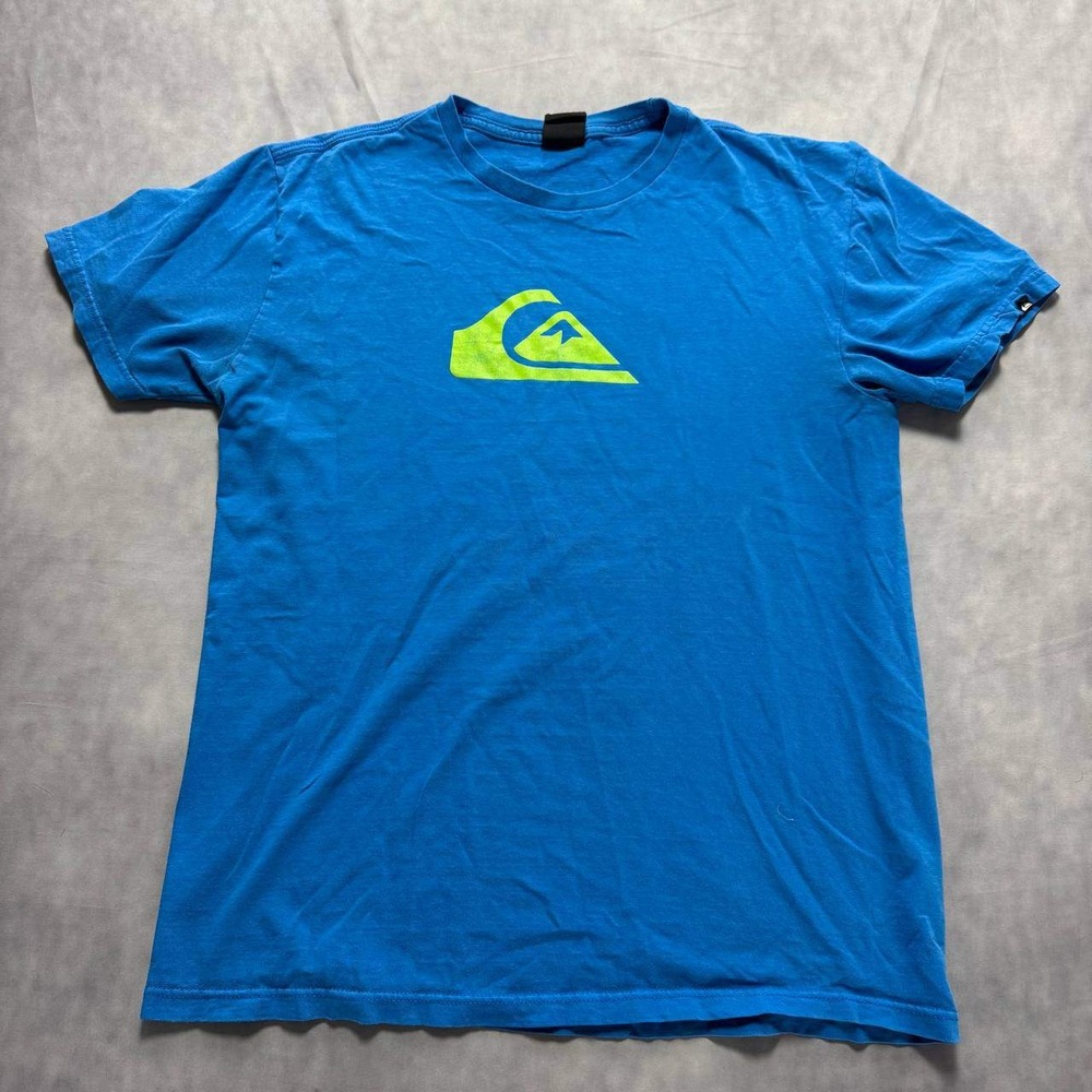 Quiksilver Mens Blue Short Sleeve Graphic T-Shirt Lime Green Logo Size L
